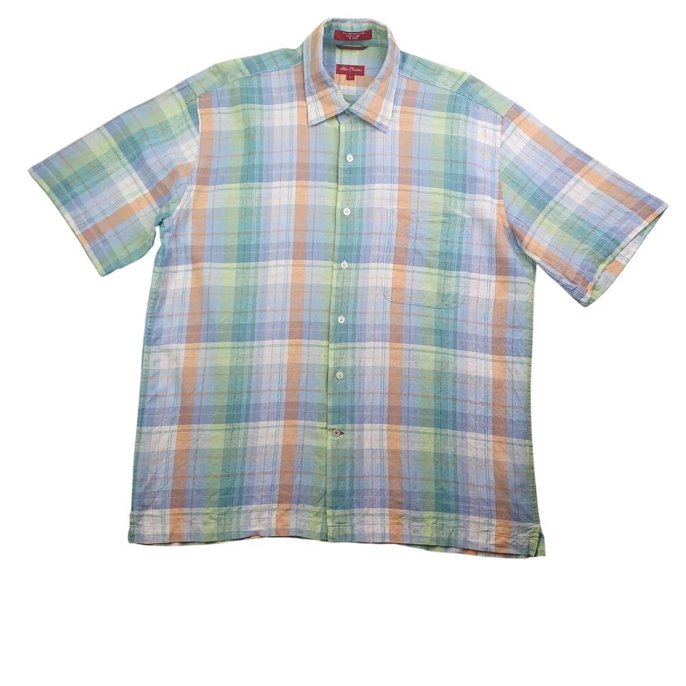 Alan Flusser Button Up Shirt Mens L Linen Blend Blue Green Plaid Short Sleeve